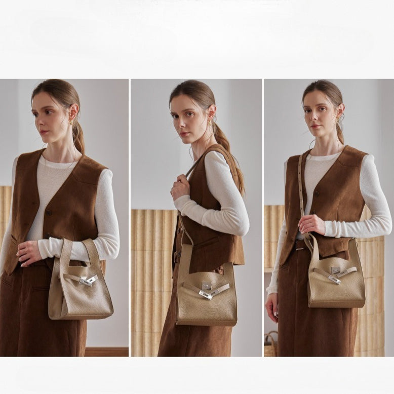 Women's Pebbled Cowhide Twist-Lock Bucket Bag with Inner Pouch
