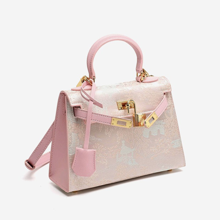 Women's Brocade Genuine Leather Kelly Bag with Padlock Charm