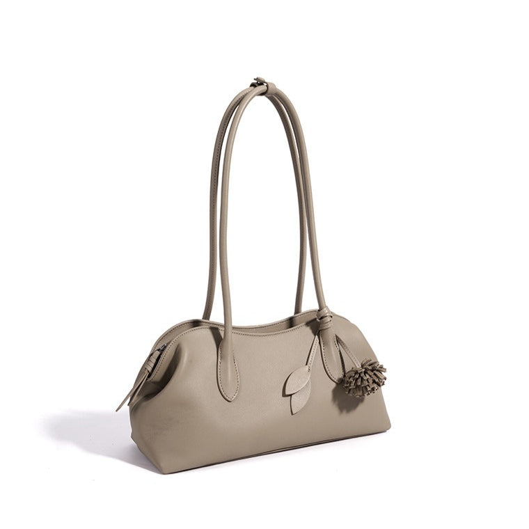 Women's Genuine Leather Curved Shoulder Clutch with Tassel Charm