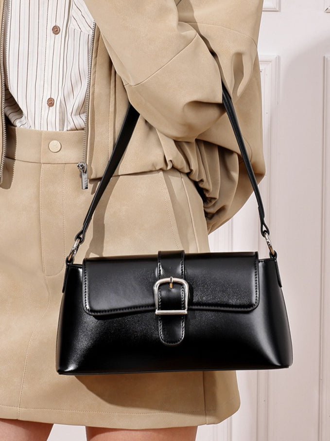 Women's Genuine Leather Vintage Baguette Shoulder Bag with Buckle