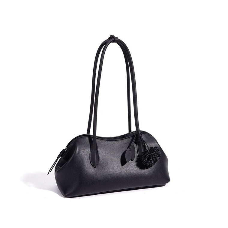 Women's Genuine Leather Curved Shoulder Clutch with Tassel Charm