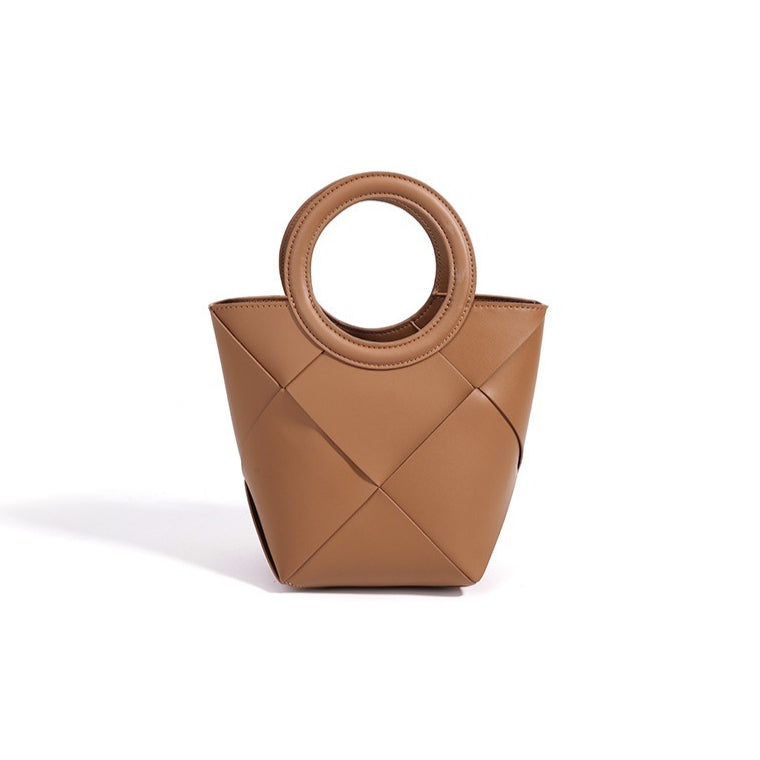 Women's Woven Cowhide Mini Bucket Bag with Adjustable Strap