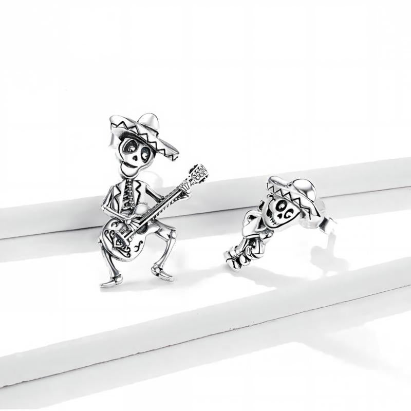 “Skeleton Serenade” S925 Sterling Silver Guitarist Skull Halloween Stud Earrings