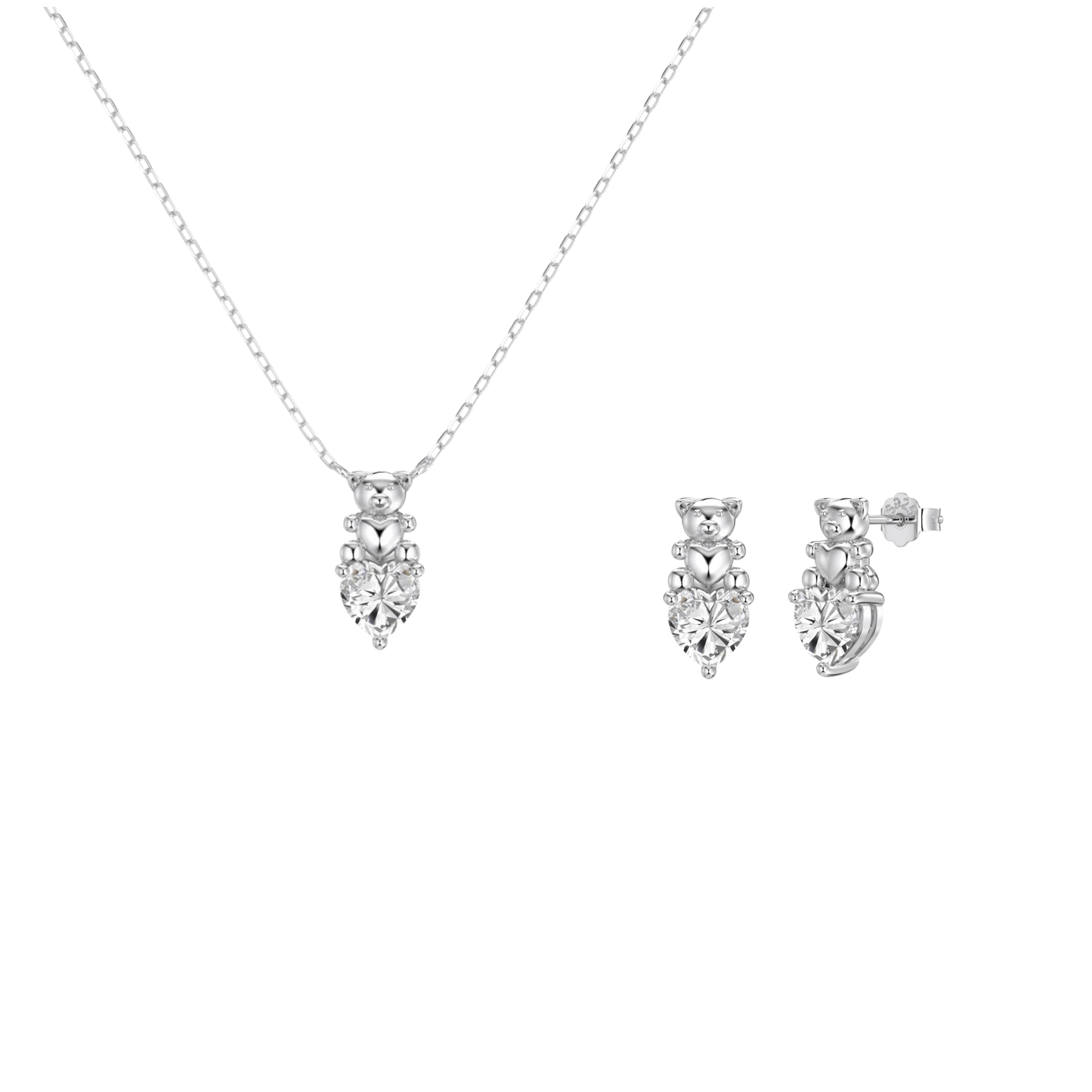 925 Sterling Silver Teddy Bear Heart Necklace & Earrings Set – Sweet Bear Spark