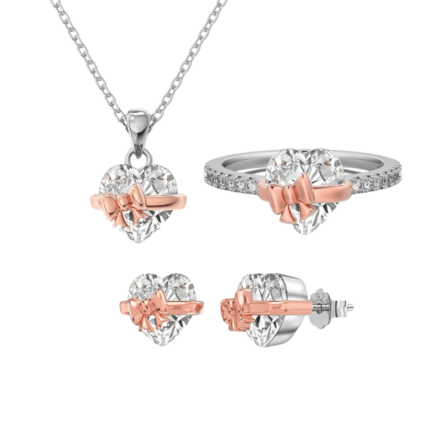 Ribbon Serenade Heart Bow Jewelry Set 925 Sterling Silver