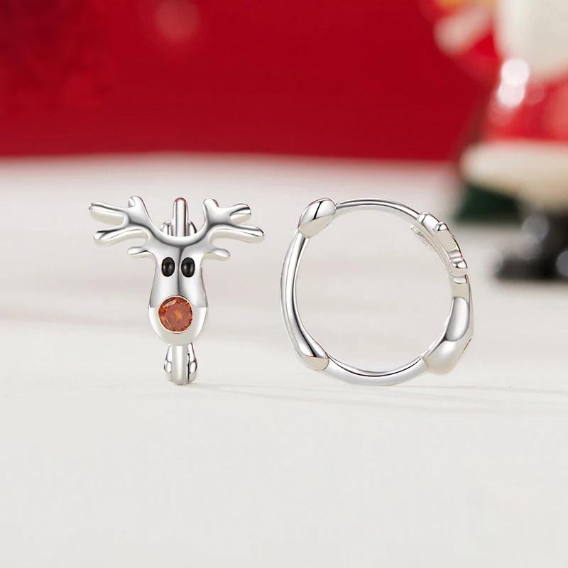 “Reindeer Charm” S925 Sterling Silver Reindeer C-Hoop Stud Earrings