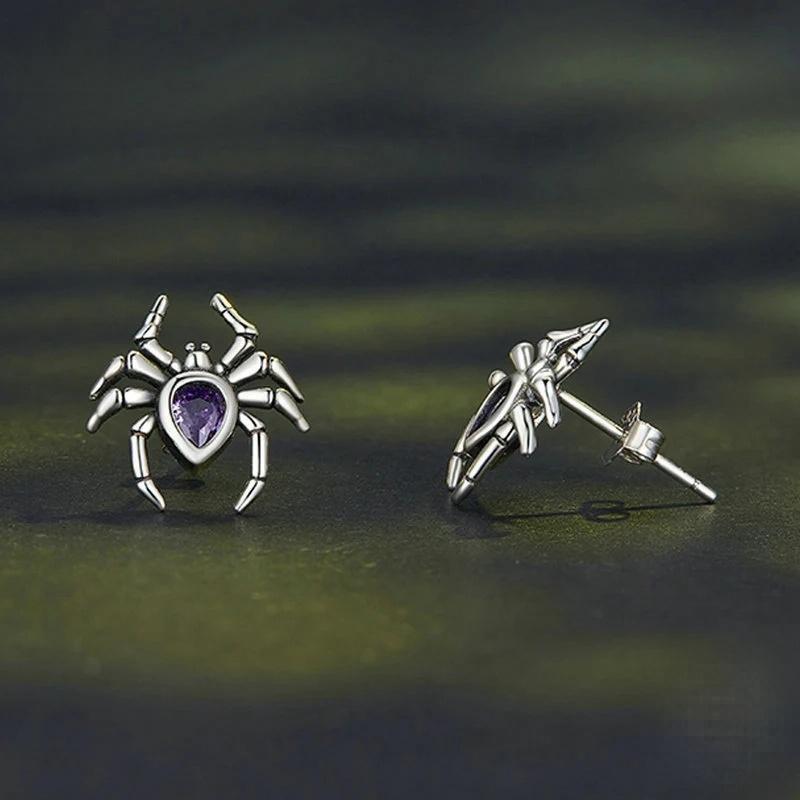 “Web Noir” S925 Sterling Silver Zircon Spider Stud Earrings