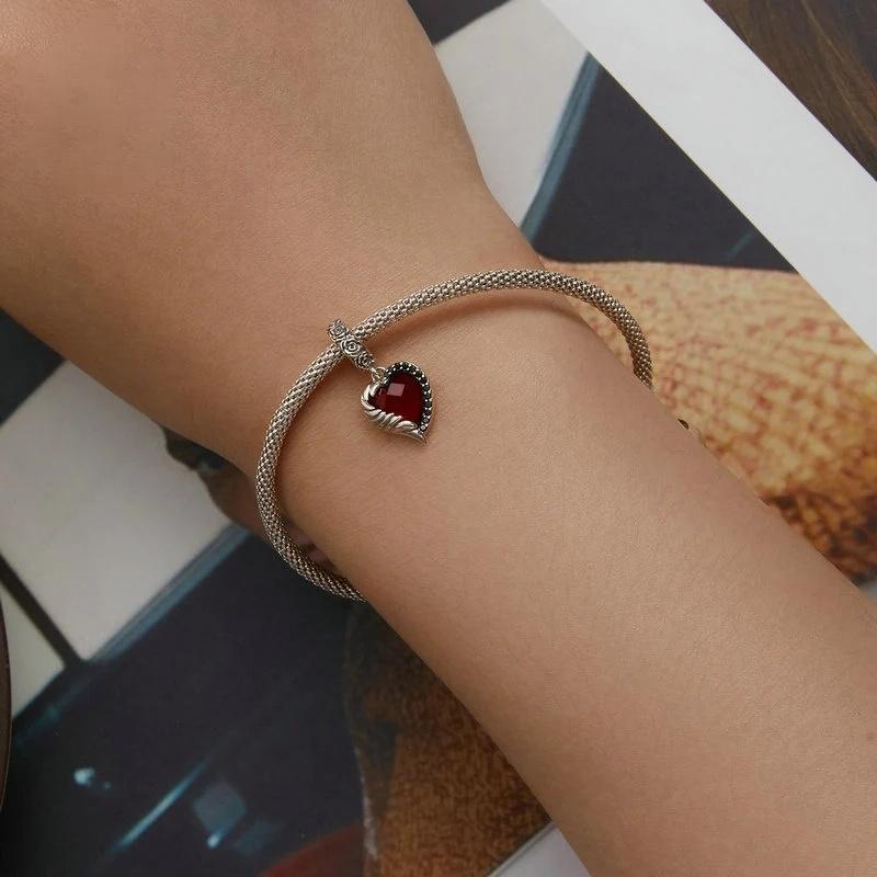 “Crimson Wing” S925 Sterling Silver Red Zircon Rose Heart Pendant Bead