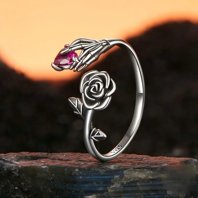 “Rosebound Soul” S925 Sterling Silver Open Adjustable Skull Hand Rose Ring