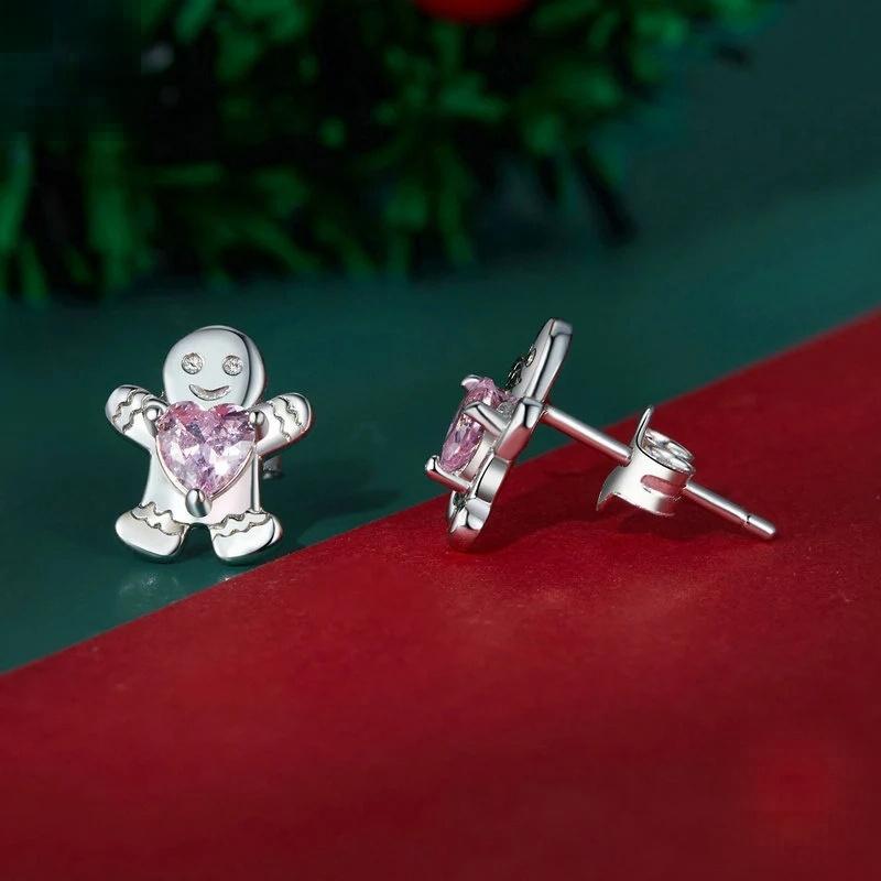 “Gingerbread Heart” S925 Sterling Silver Pink Zircon Christmas Stud Earrings