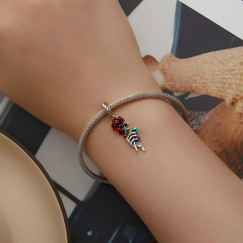 “Crimson Bloom” S925 Sterling Silver Skull Hand Red Rose Pendant