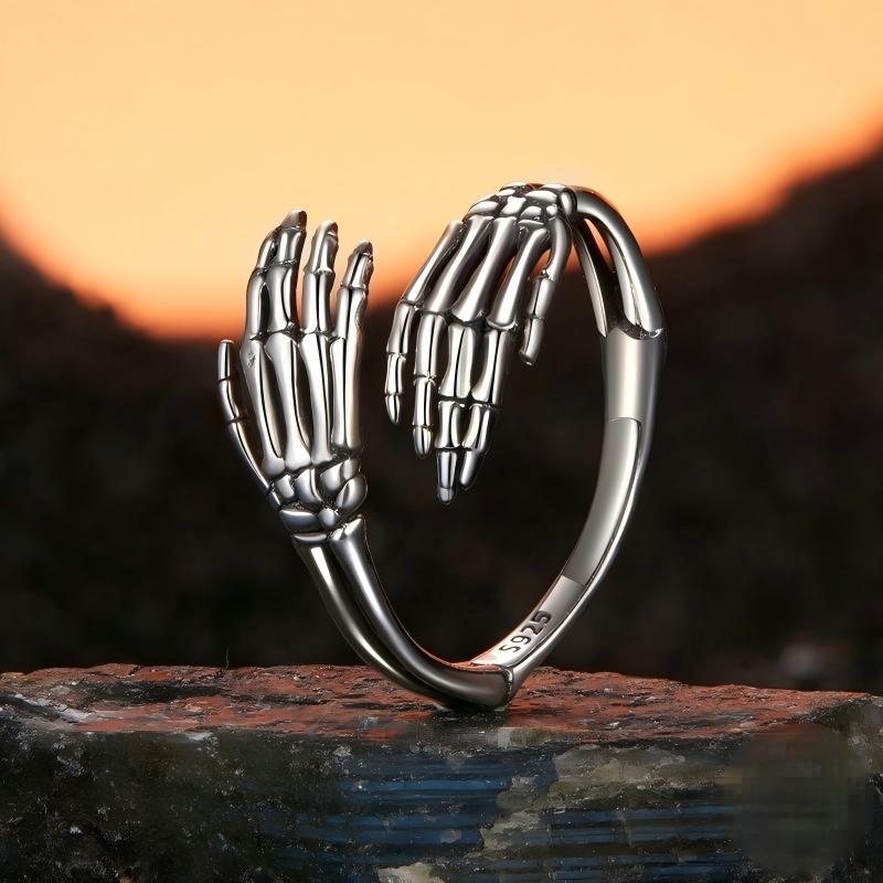 “Soul Embrace” S925 Sterling Silver Open Adjustable Skull Hand Ring