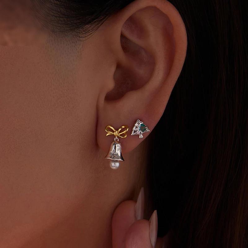 “Winter Jingle” S925 Sterling Silver Christmas Bell Bow Stud Earrings