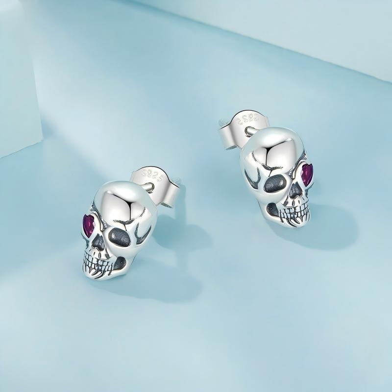 “Dark Romance” S925 Sterling Silver Oxidized Skull Heart Eye Stud Earrings