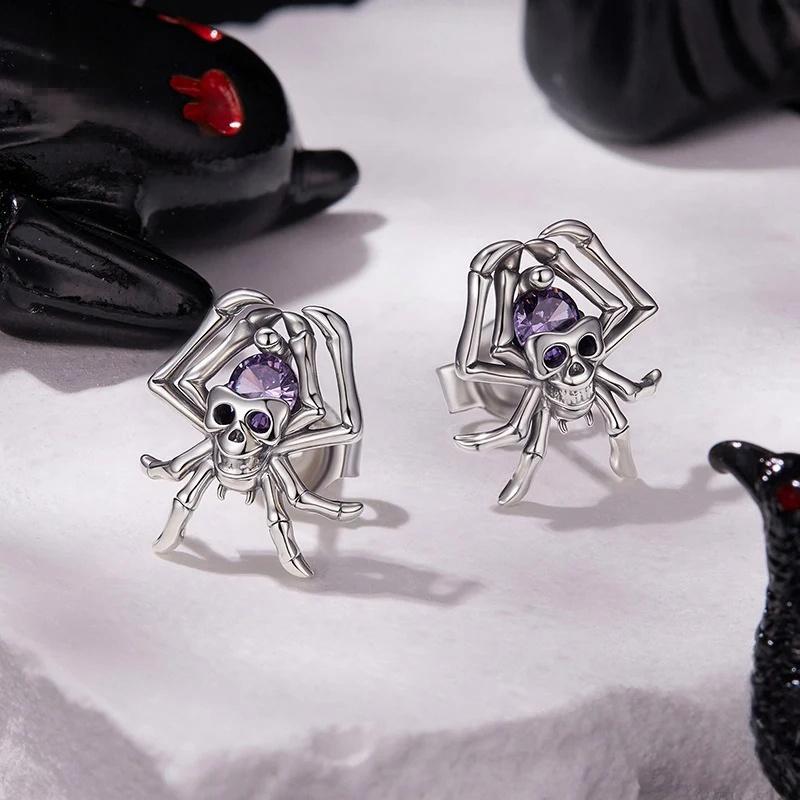 “Spider Skull” S925 Sterling Silver Gothic Halloween Stud Earrings