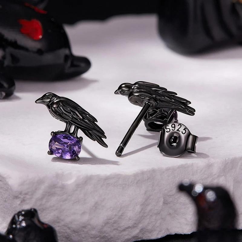 “Raven Noir” S925 Sterling Silver Gothic Raven Stud Earrings