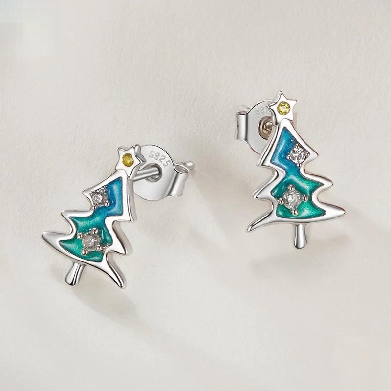 “Evergreen Spark” S925 Sterling Silver Christmas Tree Stud Earrings