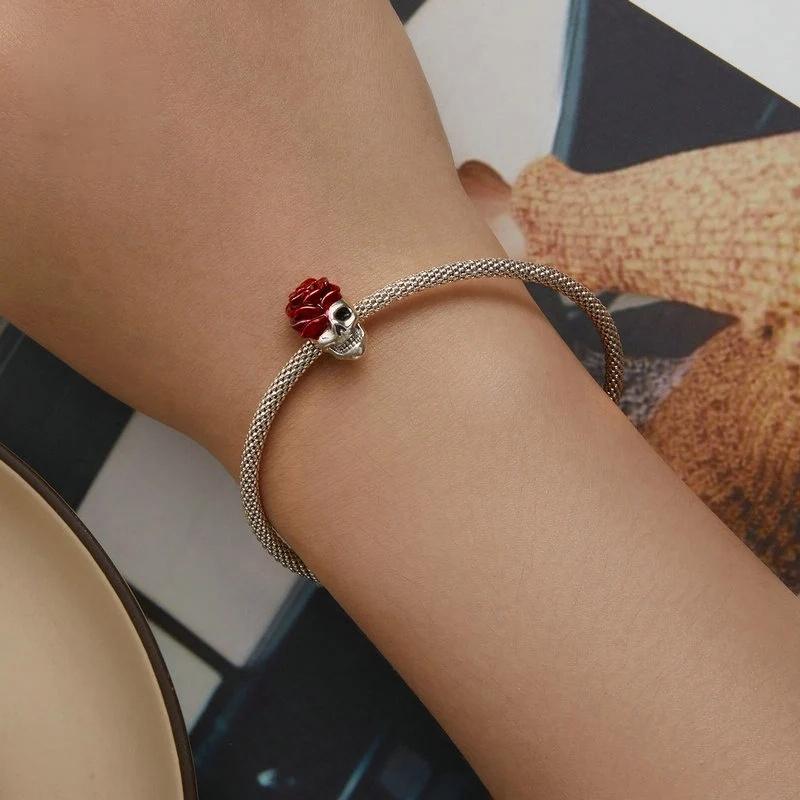 “Crimson Rose Skull” S925 Sterling Silver Halloween Bead