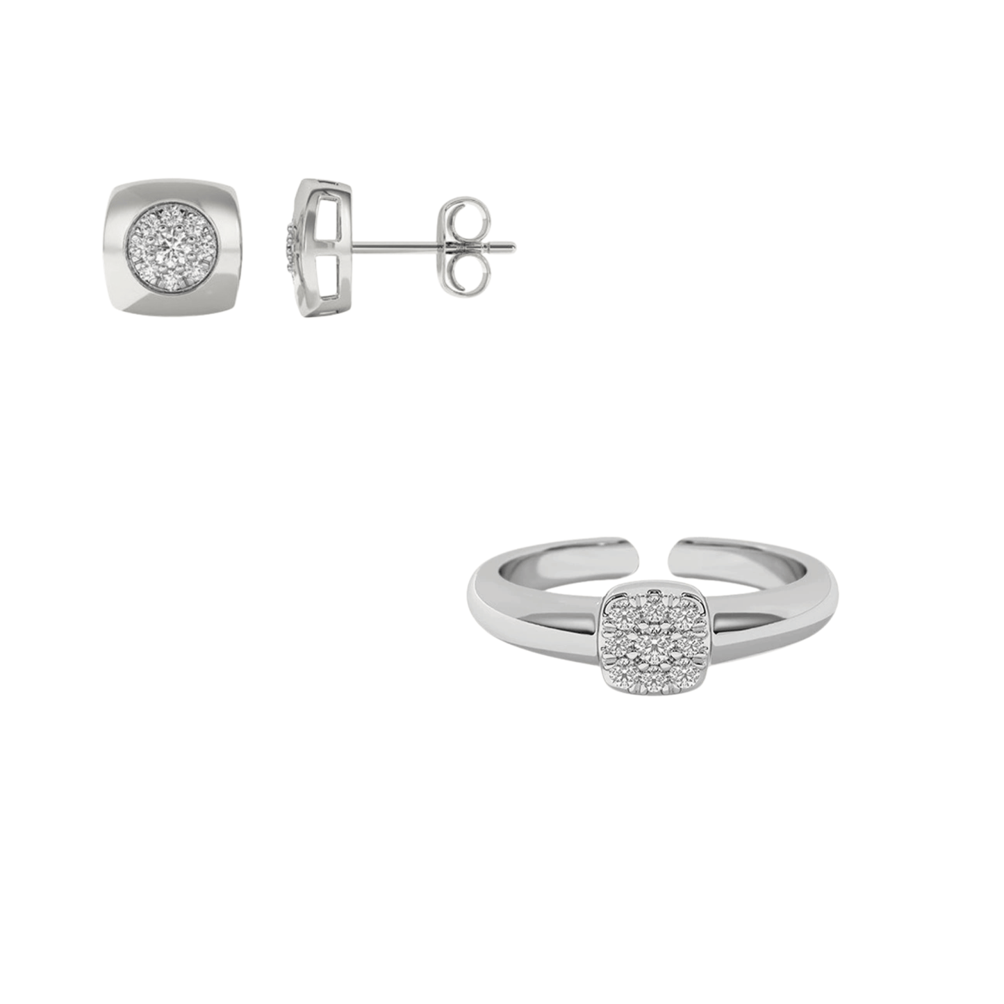 Modern Frame Geometric Square Jewelry Set 925 Sterling Silver Stud Earrings & Adjustable Ring