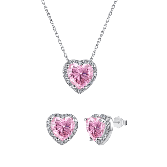 925 Sterling Silver Pink Heart Zircon Necklace & Stud Earrings Set – Blush Devotion