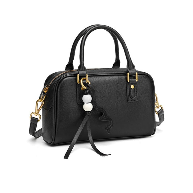 Women's Genuine Leather Boston Bag with Wavy Charm