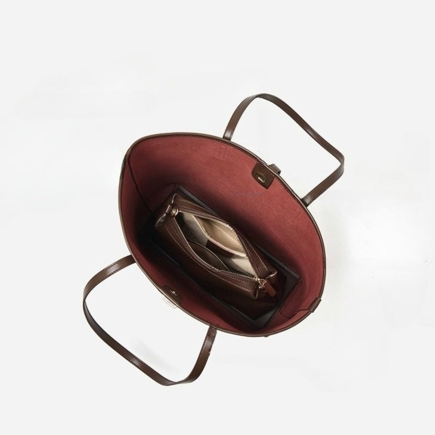 Women's Cowhide Tote Bag Set with Convertible Inner Pouch