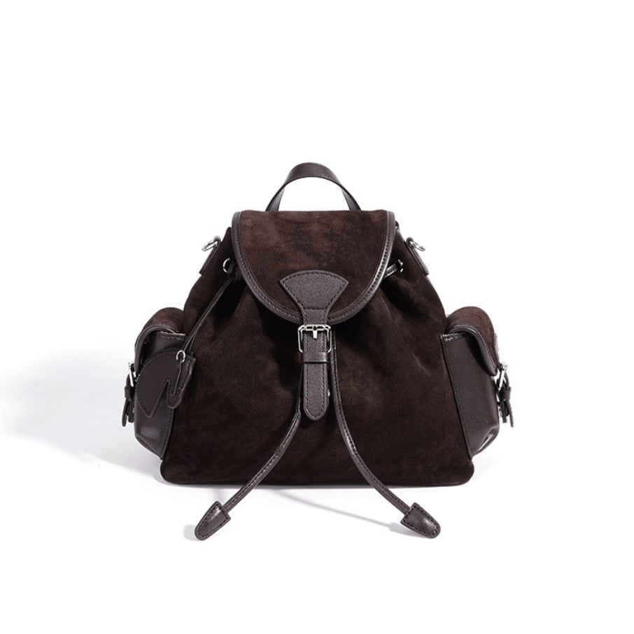 Women's Suede Leather Convertible Flap Backpack with Side Pockets
