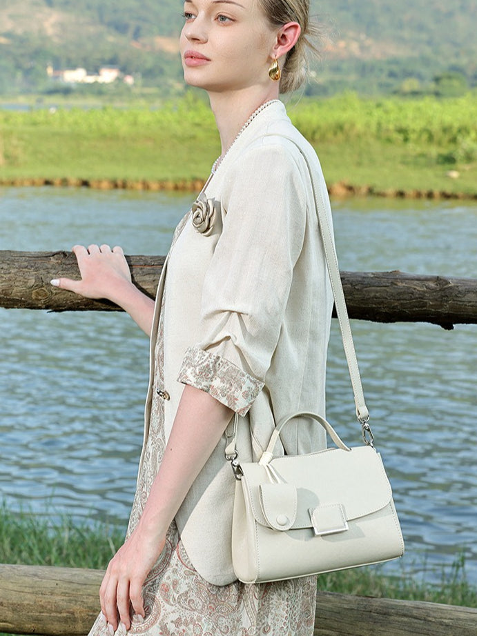 Women's Genuine Leather Square Flap Bag with Magnetic Closure