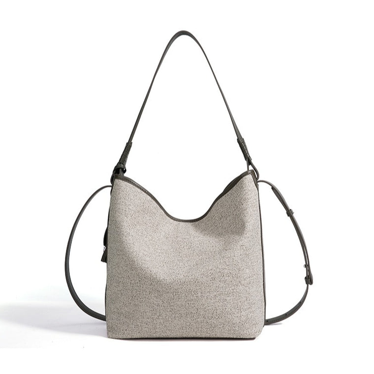 Women's Canvas Bucket Bag with Leather Trim and Tassel Charm