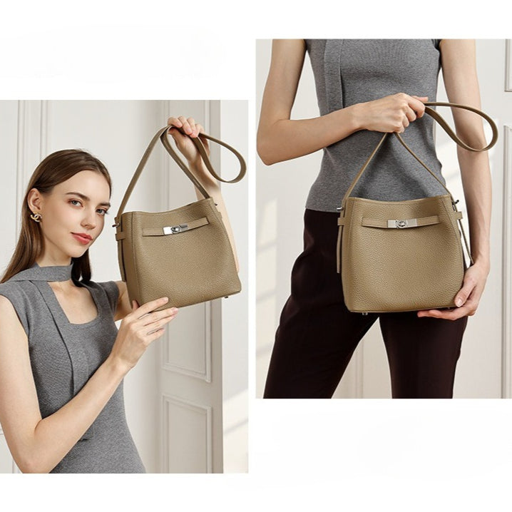 Women's Pebbled Cowhide Bucket Bag with Double-D Hardware