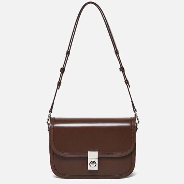 Women's Plain Cowhide Curved Satchel with Twist-Lock Closure