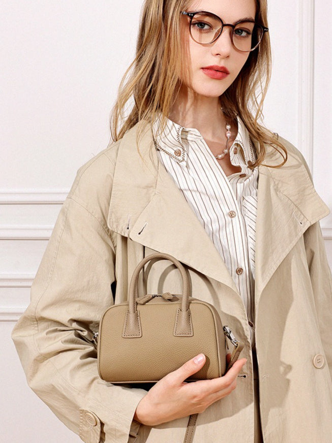 Women's Pebbled Cowhide Mini Boston Bag with Adjustable Strap
