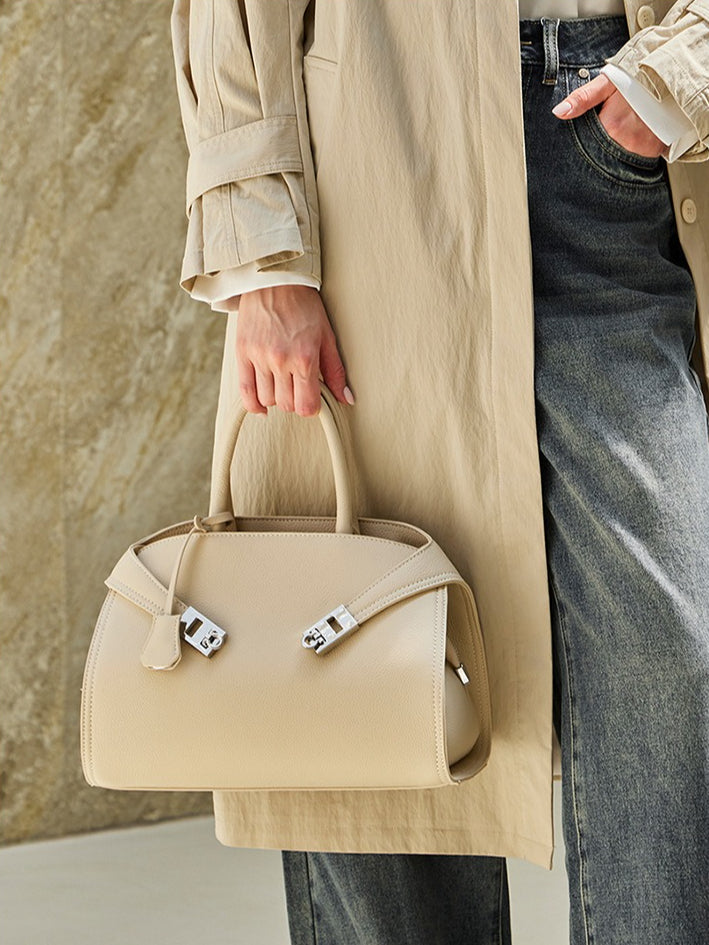 Women's Lychee-Grain Cowhide Double-Buckle Convertible Tote