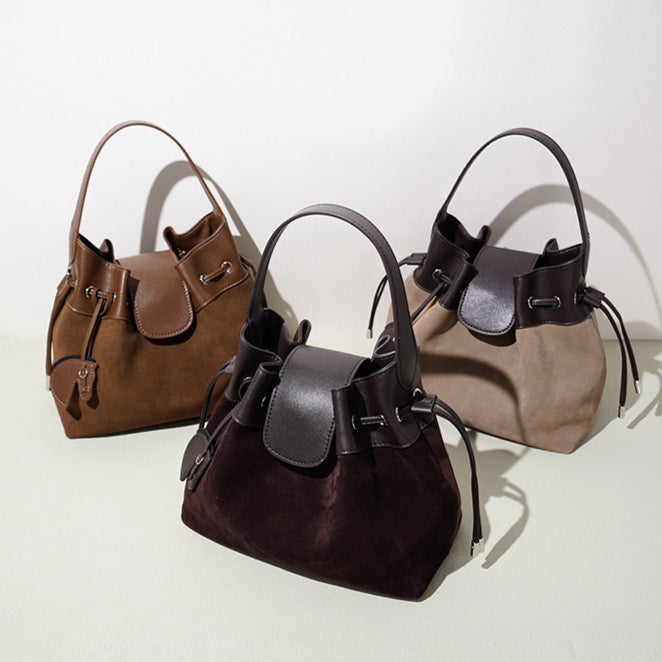 Women's Suede Leather Drawstring Bucket Bag with Horse Charm