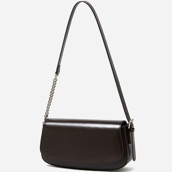 Women's Soft Cowhide Baguette Saddle Bag with Chain Strap