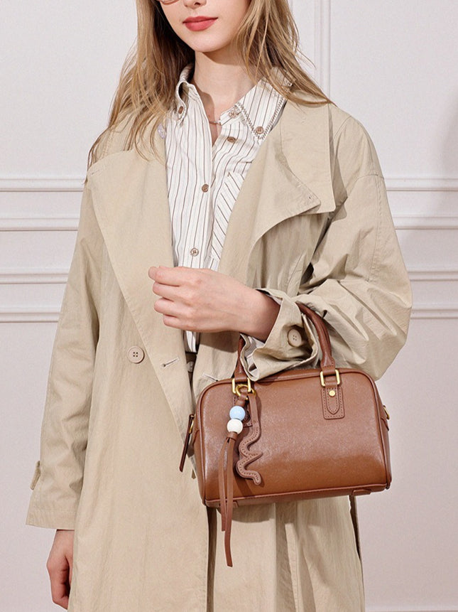 Women's Genuine Leather Boston Bag with Wavy Charm