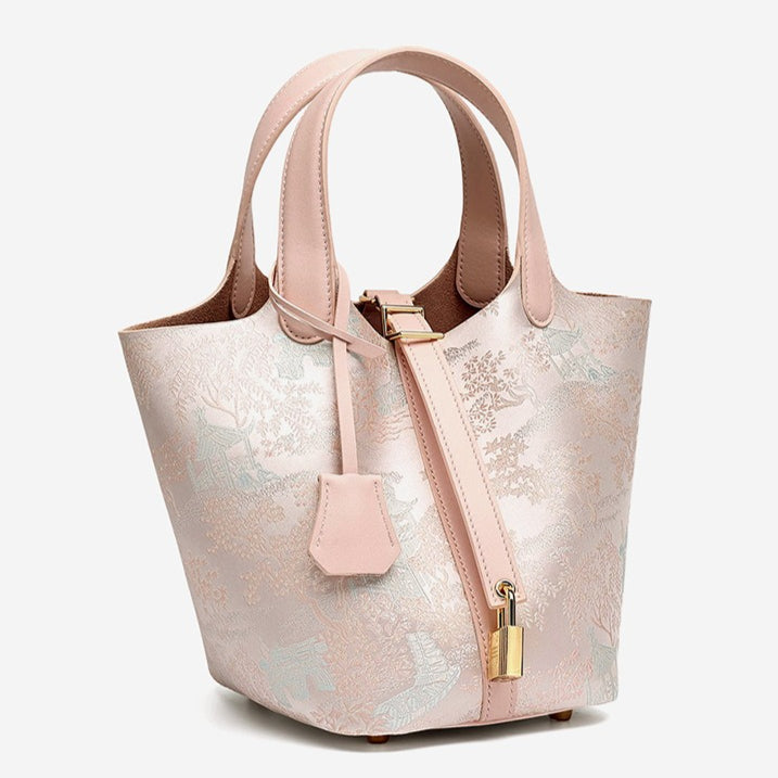 Women's Oriental Garden Genuine Leather Bucket Bag with Charm
