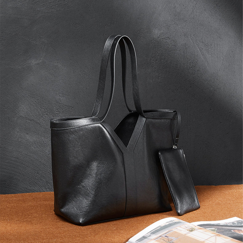 Women's Genuine Leather Open Top Vertical Tote Bag