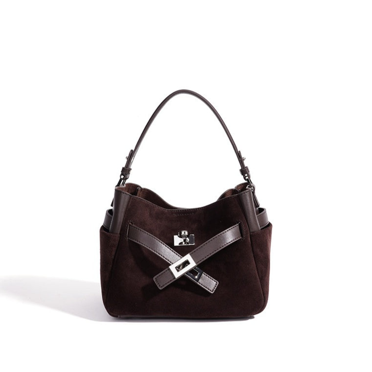 Women's Suede Cowhide Bucket Bag with Detachable Strap