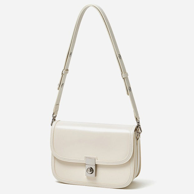 Women's Plain Cowhide Curved Satchel with Twist-Lock Closure