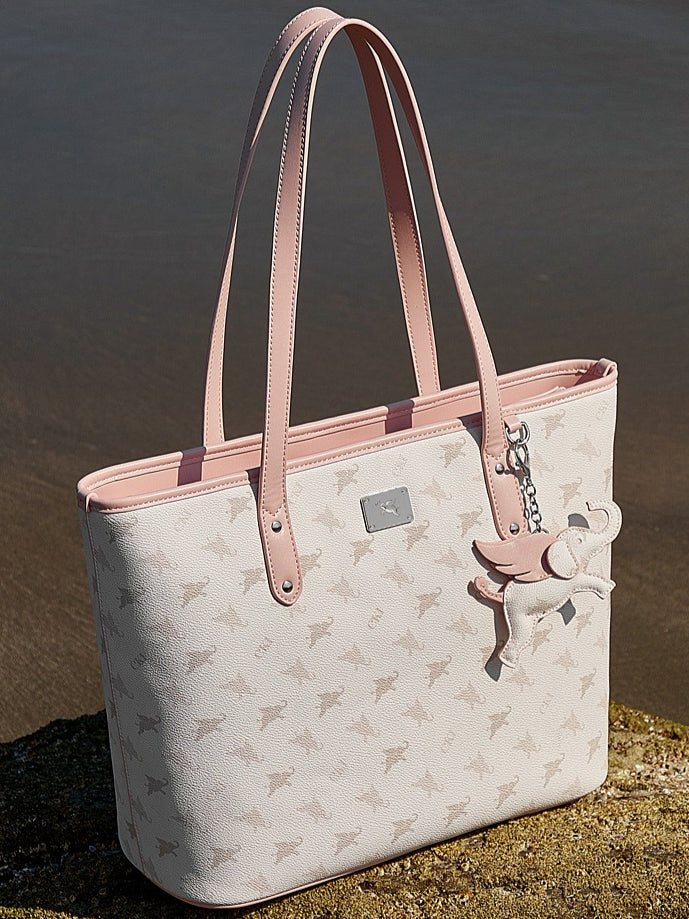 Women's Flying Elephant Printed Tote Bag with Detachable Charm