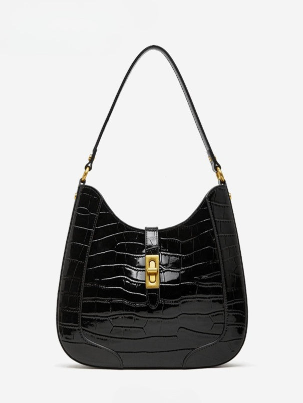Women's Croc-Embossed Genuine Leather Hobo Bag with Detachable Pouch
