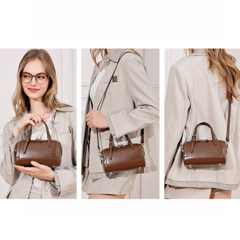 Women's Cowhide Retro Boston Barrel Bag with Adjustable Strap