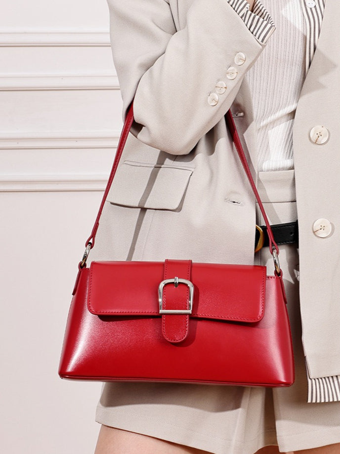 Women's Genuine Leather Vintage Baguette Shoulder Bag with Buckle
