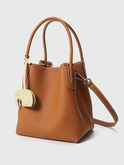 Women's Pebbled Cowhide Elephant Charm Mini Bucket Bag
