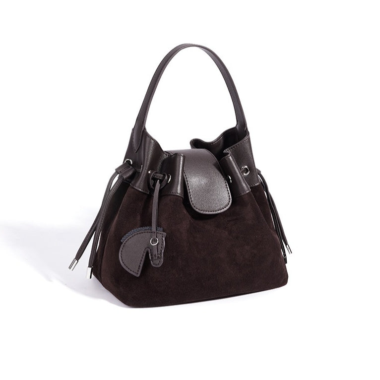 Women's Suede Leather Drawstring Bucket Bag with Horse Charm