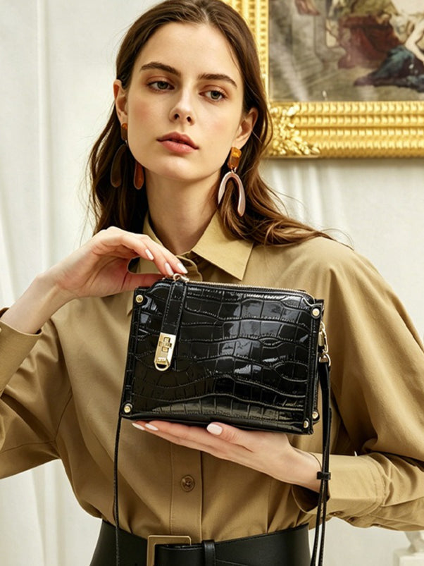 Women's Glossy Croc-Embossed Cowhide Structured Satchel
