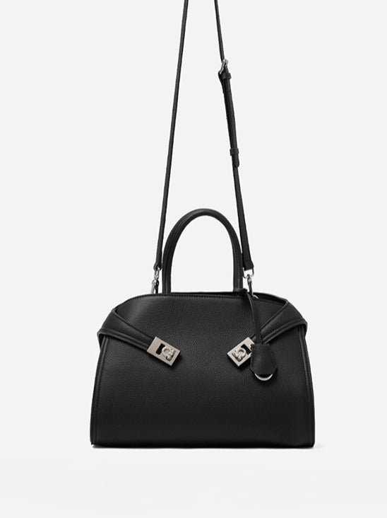 Women's Lychee-Grain Cowhide Double-Buckle Convertible Tote