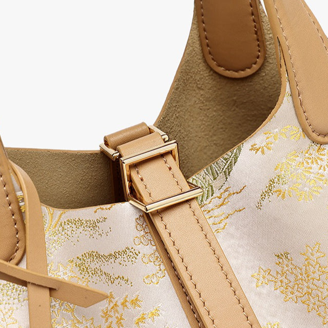 Women's Oriental Garden Genuine Leather Bucket Bag with Charm