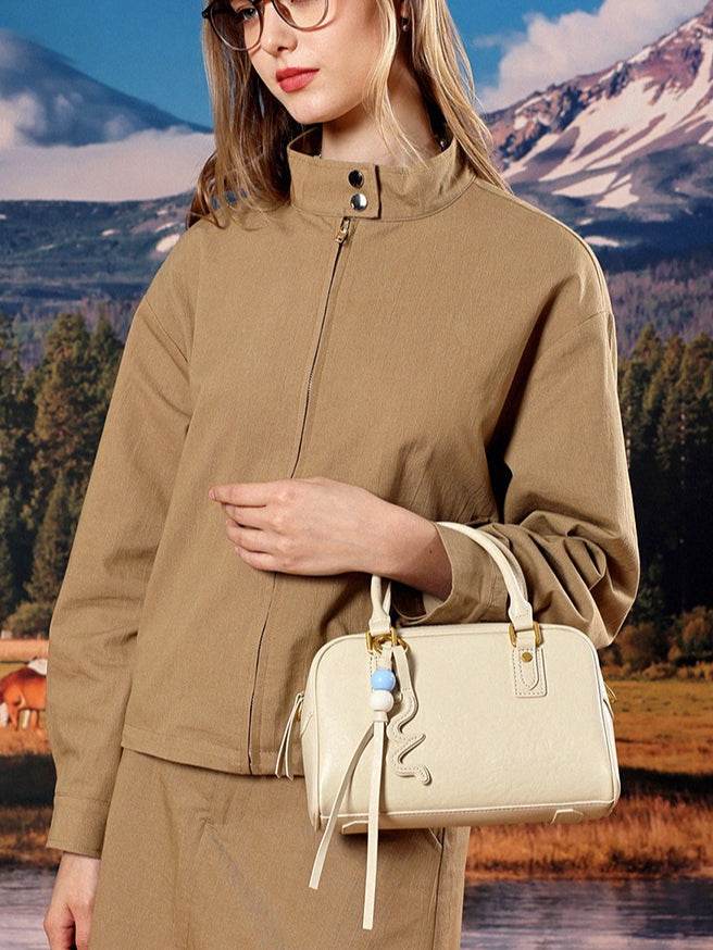 Women's Genuine Leather Boston Bag with Wavy Charm